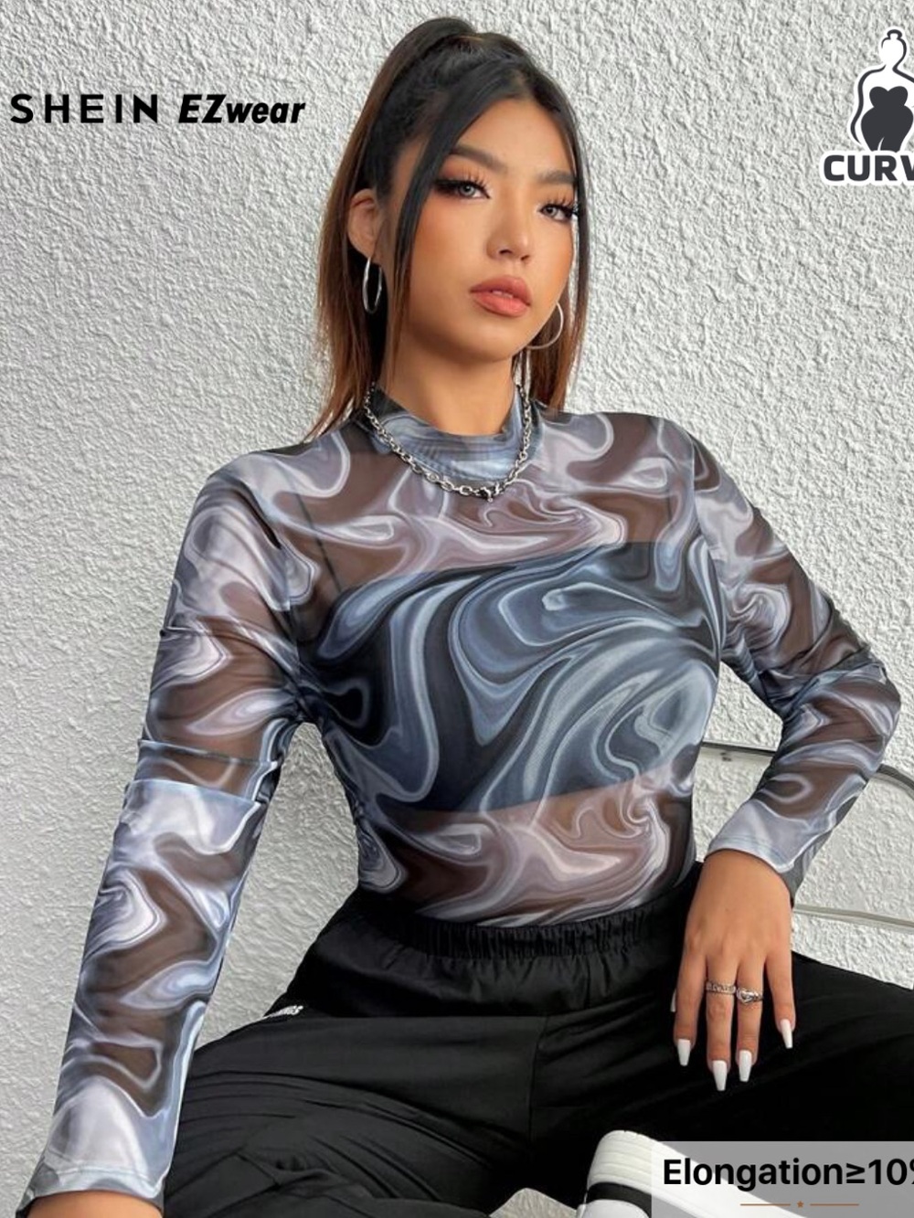 SHEIN Gray & Black Marble Sheer Long Sleeve Bodysuit